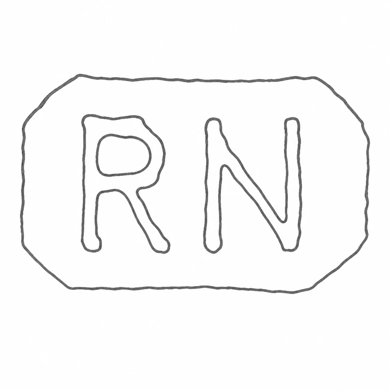 Ray Nimmo: The R N initials and compact chamfered rectangular boundary are retained; line reconstruction.
