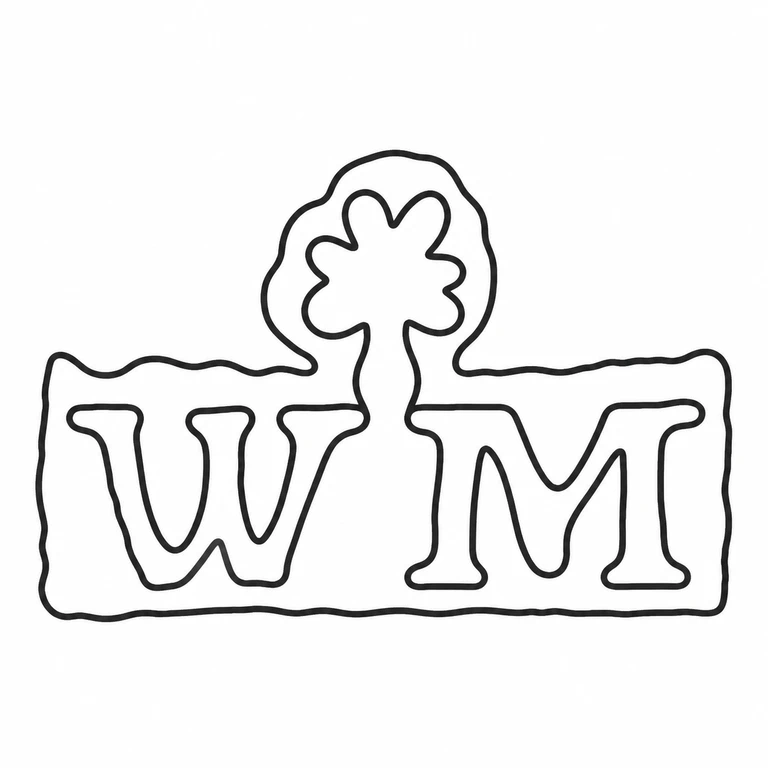 W M: The rectangular plaque, two large initials, and centered upper floral/rosette device are preserved in the photographed arrangement. line reconstruction.