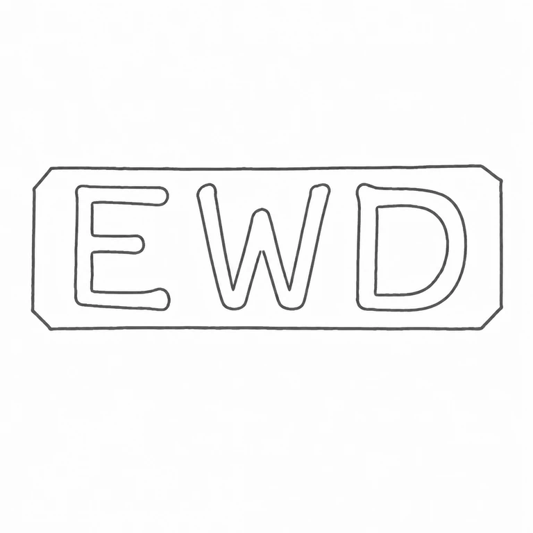 E W D: The three uppercase forms and clipped-corner rectangular cartouche are retained in their source orientation and spacing. line reconstruction.