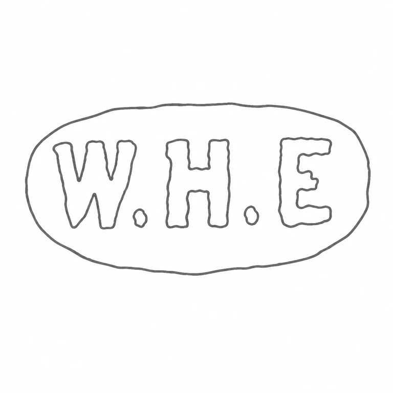 W H E: W.H.E letters, both circular separators, single oval cartouche remain in reading order; line reconstruction.