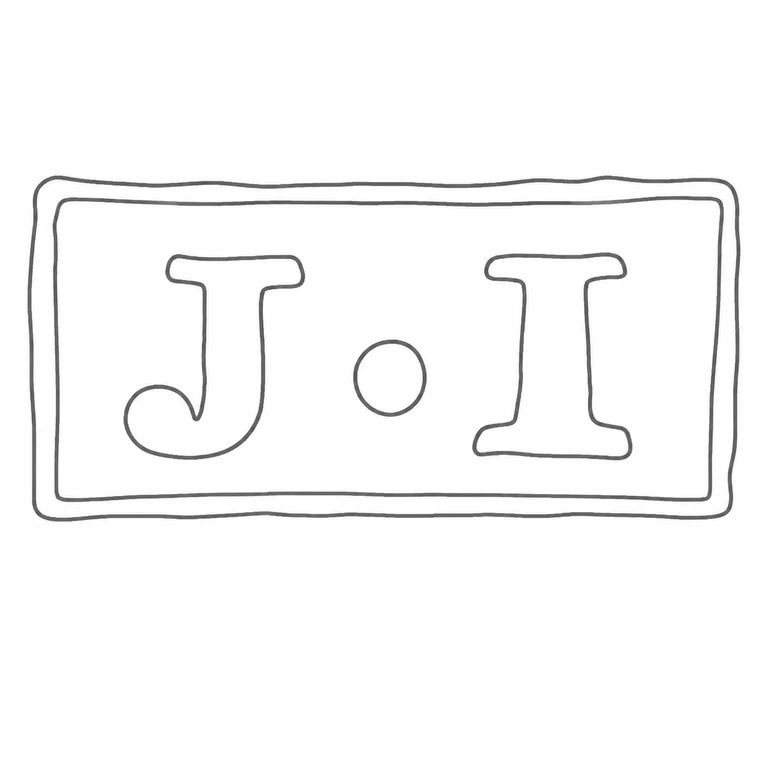 John Ivings: The J dot I sequence and double rectangular cartouche border are visibly present and retained; line reconstruction.