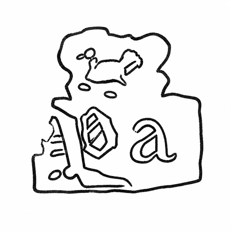 Mark reading The multi-level cartouche, upper decorative form, central lozenge, and lower initials follow the visible source arrangement; line reconstruction