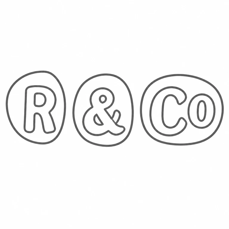 R & Co: The separately enclosed R, ampersand, and Co elements in left-to-right order, including their circular and oval borders; line reconstruction.