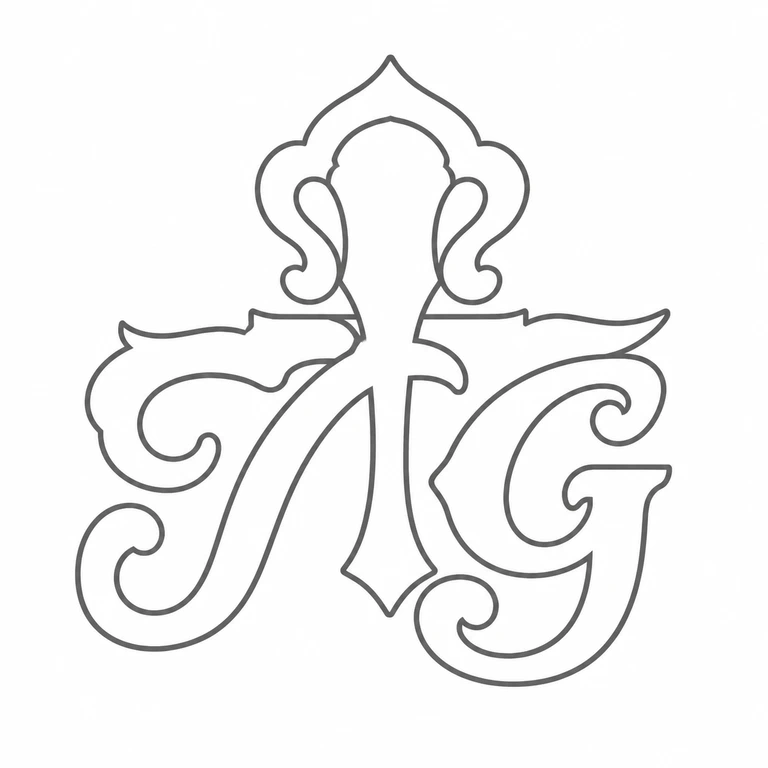 T G: The elaborate interlaced pair of initials and central upright ornamental device retain the photographed orientation and mutual arrangement. line reconstruction.