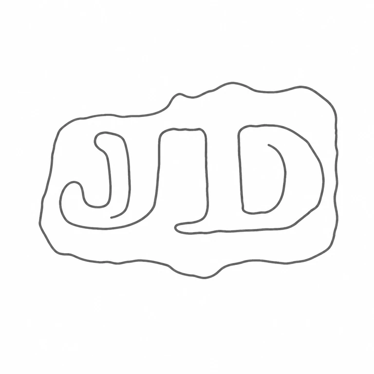 J D: The two letters and their irregular rectangular cartouche are retained in the same orientation, including the rounded lower-left and wavy outer edge. line reconstruction.