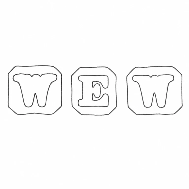 W E W: Three separate octagonal punches retain the W, E, W sequence and their individual borders; line reconstruction.