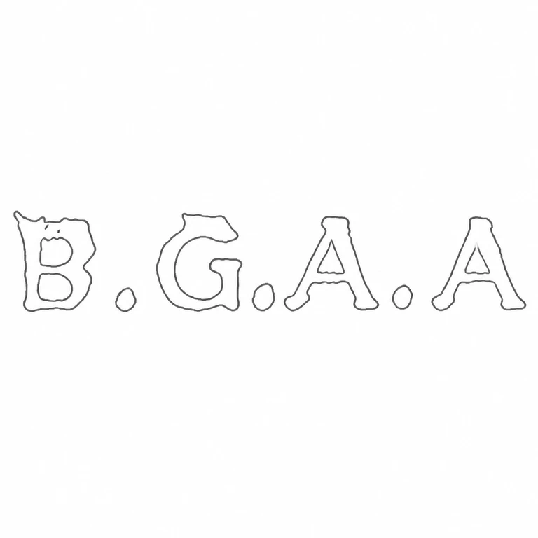 Bromsgrove Guild of Applied Arts: The unbordered B dot G dot A dot A sequence is retained in its original left-to-right order; line reconstruction.