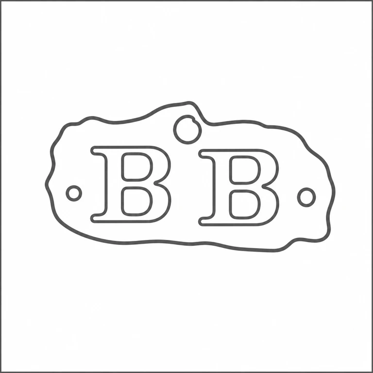 B B: The paired initials, three visible roundels, and uneven enclosing punch preserve the source orientation and arrangement. line reconstruction.