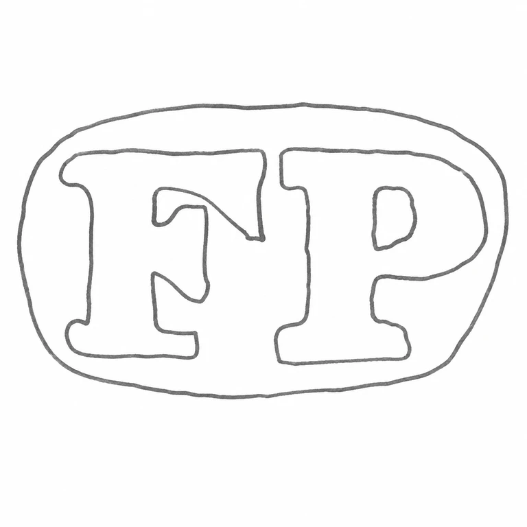 Frances Purton: Oval cartouche and FP lettering in left-to-right order; line reconstruction.