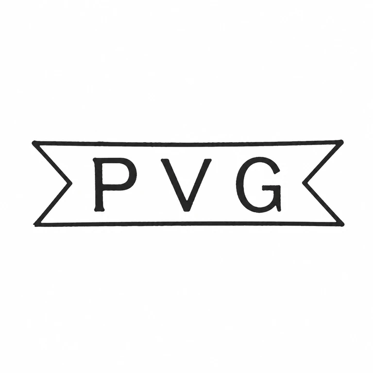 P V G: The three glyphs and long horizontal banner with inward-pointing ends are preserved in the visible source order. line reconstruction.