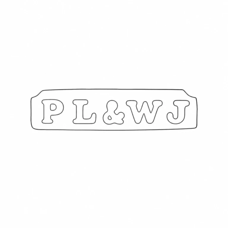 P L & W J: The clipped-corner rectangular cartouche and five-character run with ampersand are preserved left to right. line reconstruction.