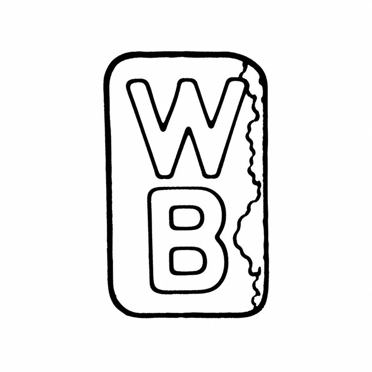 W B: The vertically stacked letters, tall rounded punch, and visibly irregular right-side edge are retained. line reconstruction.