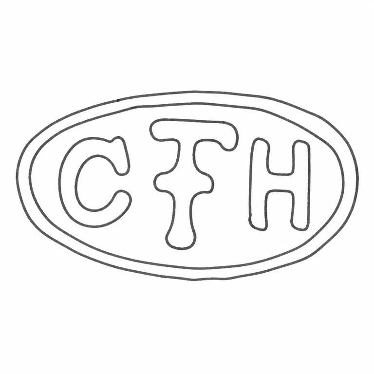 Charles Francis Hall: The oval cartouche and left-to-right CFH initials are retained as a monochrome contour reconstruction; line reconstruction.