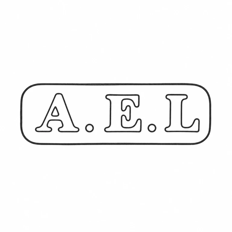 A E Lee: The rounded rectangular border, three initials, and two intervening points are retained in source order. line reconstruction.