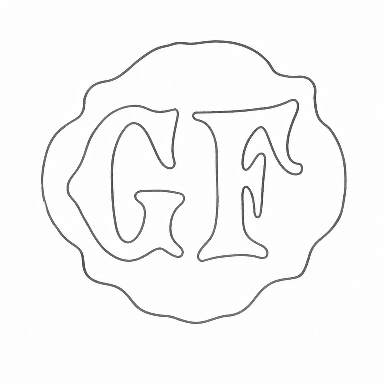 George Fox: The GF initials remain left-to-right inside the irregular lobed punch outline; line reconstruction.