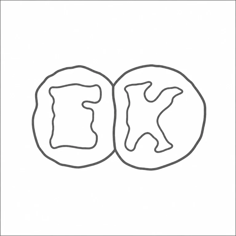 E K: Two adjacent rounded compartments and the two source-visible internal letterforms are retained in their observed order. line reconstruction.