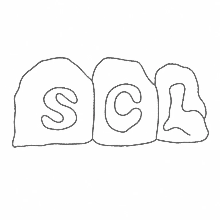 S C L: S-C-L reading is retained in three separate touching scalloped cartouches; line reconstruction.