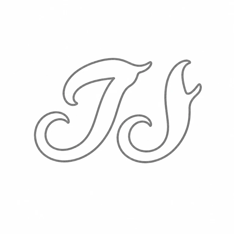 J S (unidentified): The two linked calligraphic glyphs preserve source orientation, overlap, curls, and left-to-right reading direction. line reconstruction.