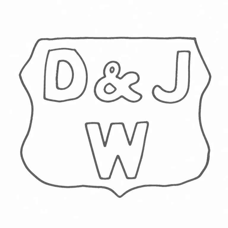 Daniel & John Wellby: The top D ampersand J and lower W retain their two-row arrangement within the scalloped shield-shaped punch; line reconstruction.