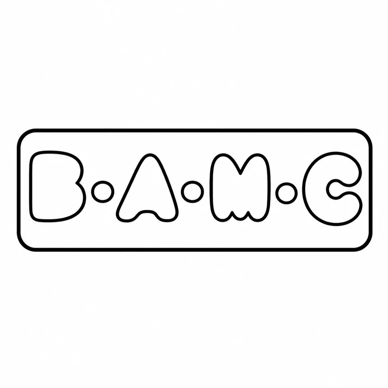 British Automatic Mesh Company: The long rounded rectangle, four upright initials, and three small circular separators retain their left-to-right arrangement. line reconstruction.