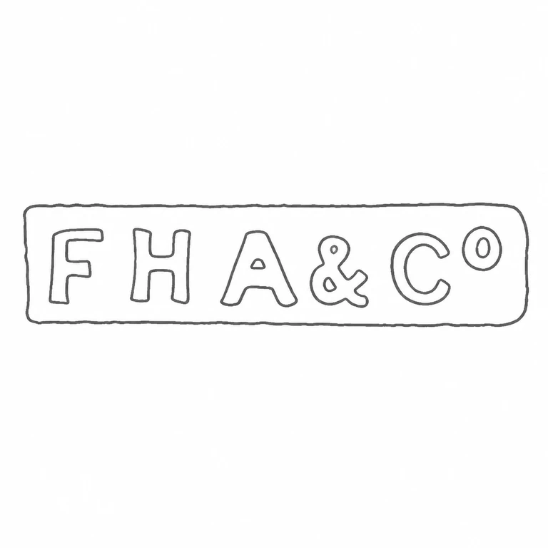 F H Adams Ltd: F H A & Co reads left to right within the long rounded rectangle; ampersand and terminal raised o are retained; line reconstruction.