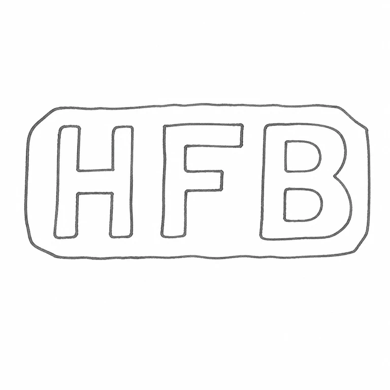 H F B: HFB sequence and shallow rounded rectangular cartouche are retained upright; line reconstruction.