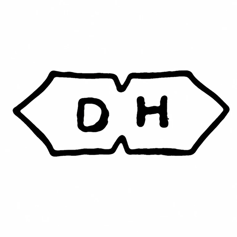 D H: The two capital letters retain their left-to-right order inside the observed horizontally elongated, pointed cartouche with central top and bottom notches. line reconstruction.