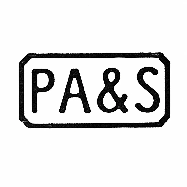 P A & S: Single horizontal cartouche preserves the four visible initials and ampersand in left-to-right order. line reconstruction.