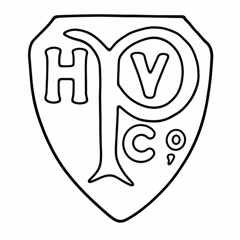 H V Pithey & Co: The upright shield, vertical internal division, upper initials, lower letter and two small right-side forms match the source arrangement. line reconstruction.