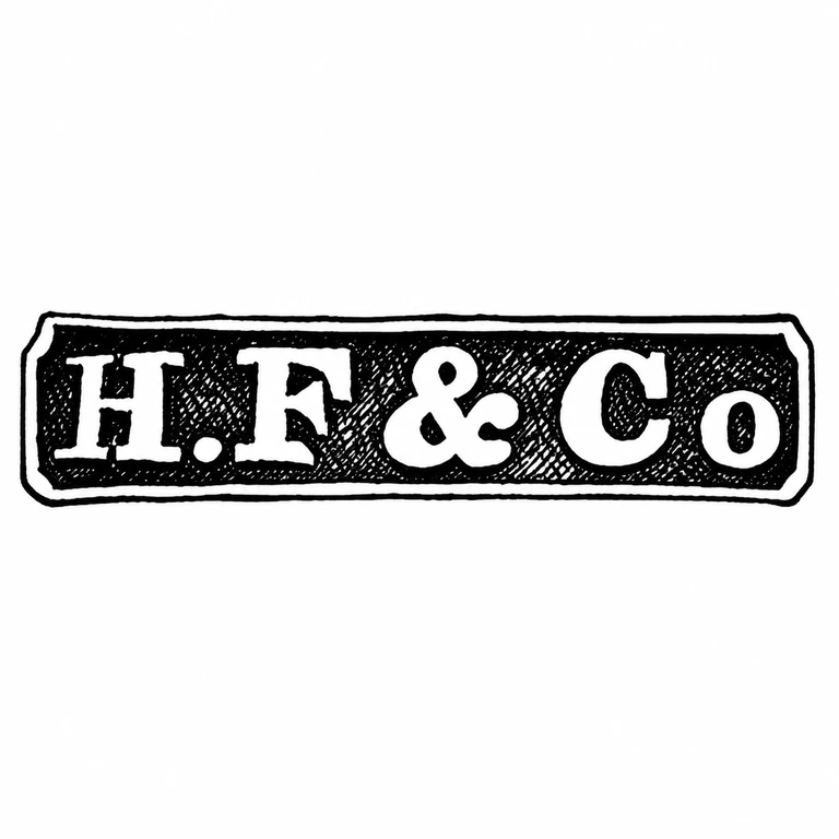 Harrison Fisher (subsequently Harrison Fisher & Co): The spaced horizontal inscription, stops, ampersand, and elongated clipped-corner cartouche retain source order and orientation. line reconstruction.
