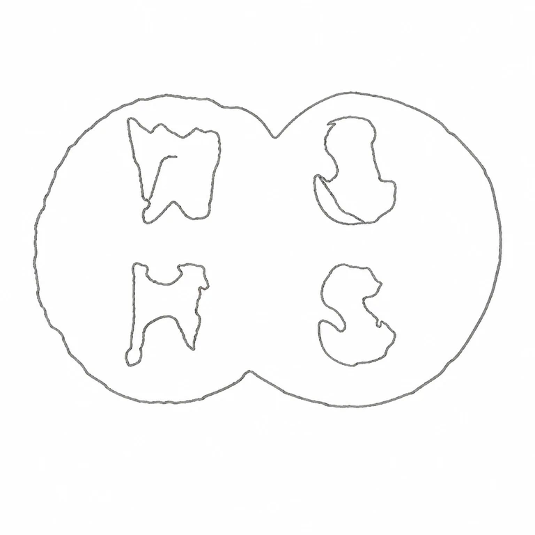 W S over H S: The paired-lobe cartouche and four visible forms arranged in two rows are retained in the same orientation. line reconstruction.