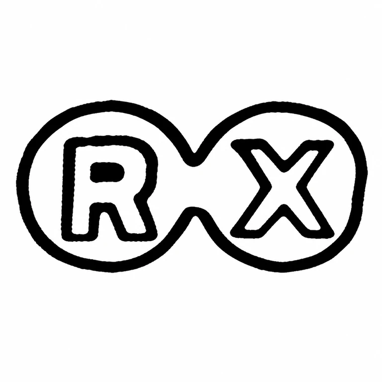Ronex: The drawing preserves the linked pair of circular lobes and the R then X reading order. line reconstruction.
