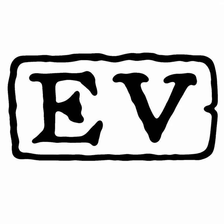 Edmund Vincent: The E-V initials and their irregular rectangular surround are retained as a simple monochrome contour reconstruction; line reconstruction.