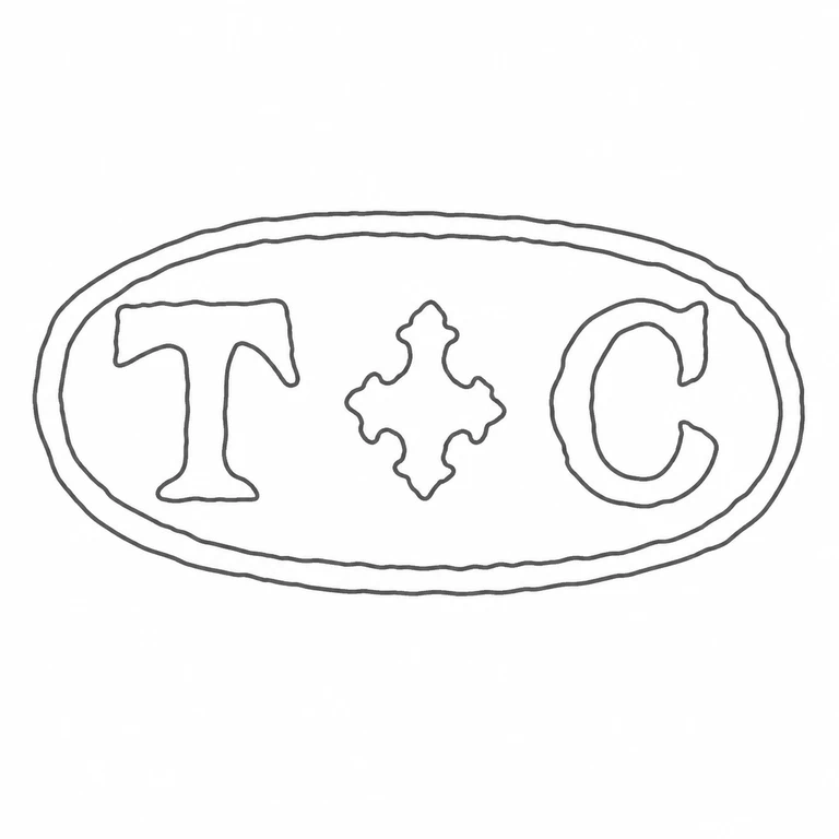Thomas Causer: The left and right letters, central four-armed symbol, and double oval perimeter are retained in the same horizontal arrangement. line reconstruction.