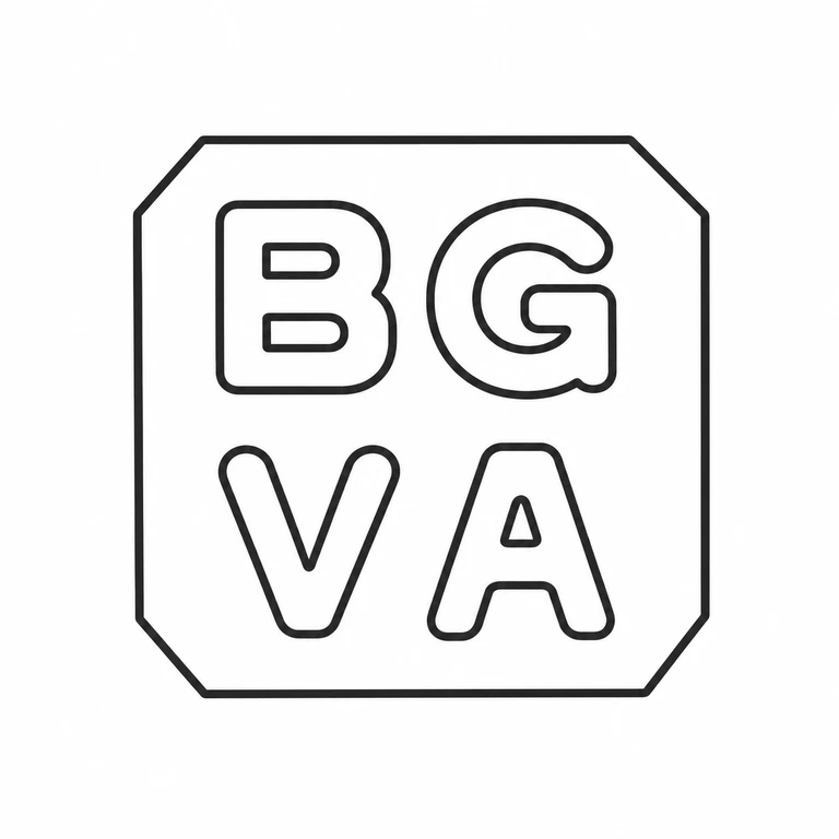B G over V A: The four initials remain in the source's two-row layout inside the same clipped-corner rectangular cartouche. line reconstruction.