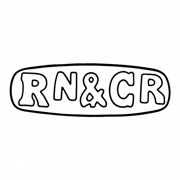 Ramsden & Carr (Omar Ramsden & Alwyn Charles Ellison Carr): Five-character sequence, central ampersand, and rounded cartouche retained. line reconstruction.