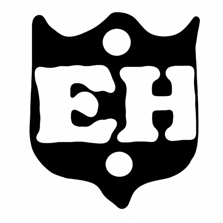 Edward Hole: The visible shield-like outline, two circular details, and compact two-letter interior arrangement are conserved as a clean monochrome reconstruction. line reconstruction.