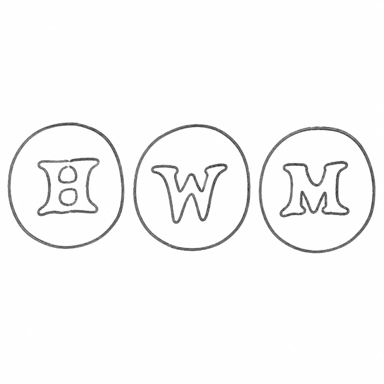 H W Miller Ltd: Three separate circular punches, containing H, W, and M left-to-right, are retained; line reconstruction.