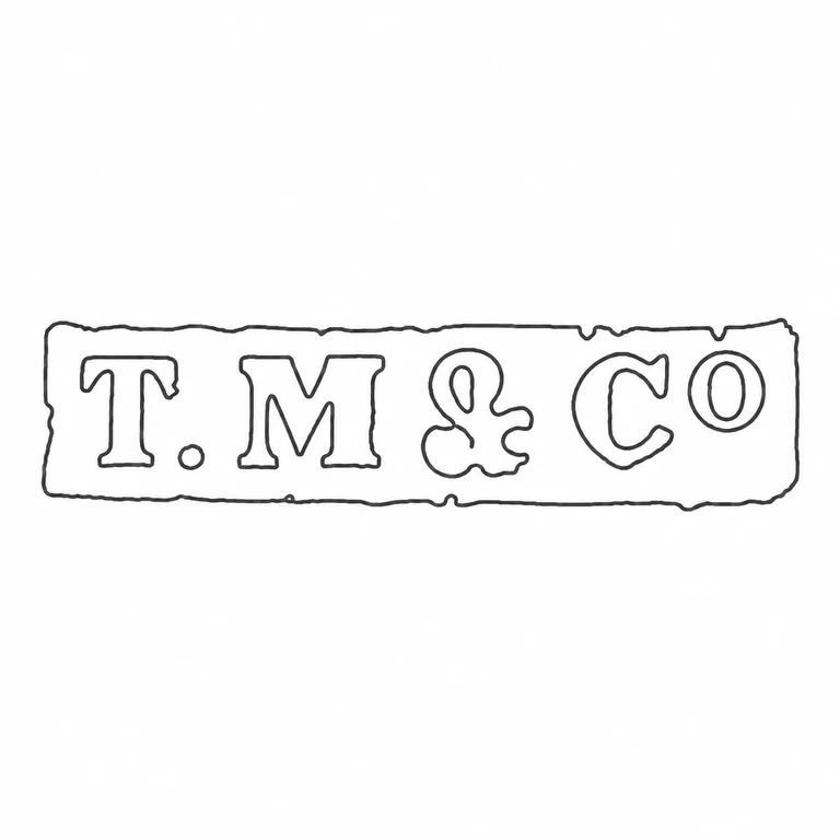 Thomas Millward & Co: The drawing keeps the photographed long sequence of initial, stop, second initial, ampersand, final open character, and terminal rounded character within one elongated rectangular punch. The visible punctuation and order are retained. line reconstruction.