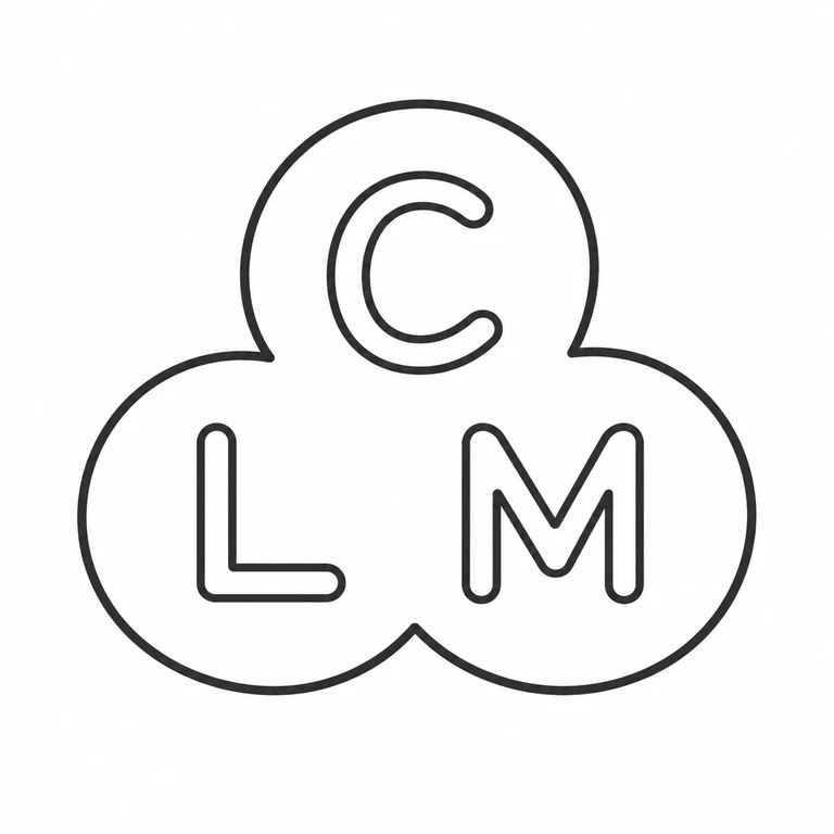 C L M: Three joined circular lobes, one upper letter, and two lower letterforms are retained in the source arrangement. line reconstruction.