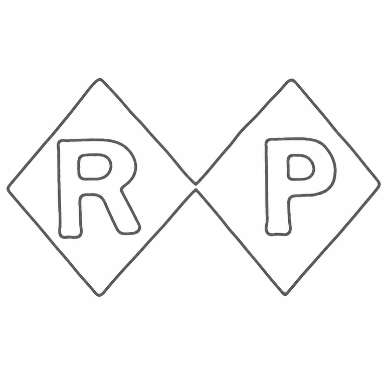R P: Two touching diamond fields retain R then P, with their shared central meeting point; line reconstruction.