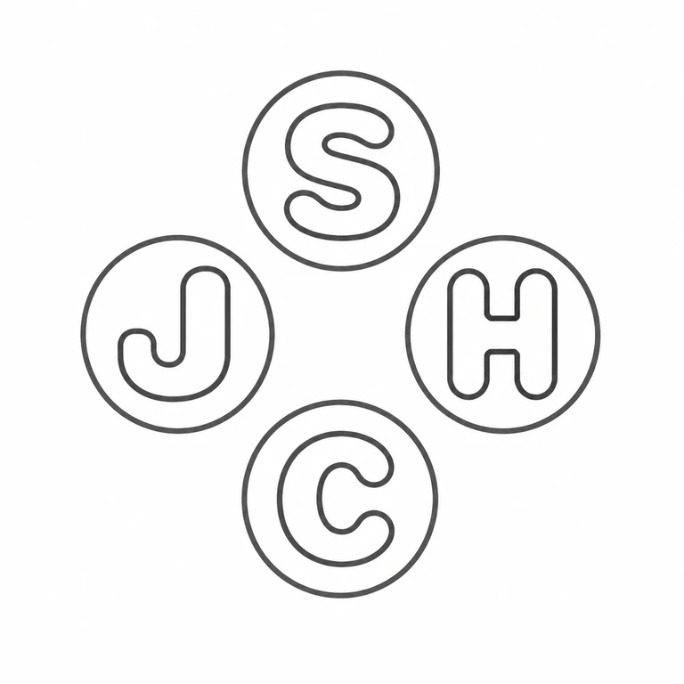 St James House Company: Four circular stamps retain the source layout: S top, J left, H right, C bottom; line reconstruction.
