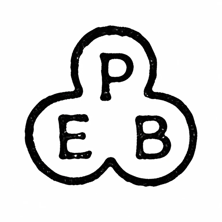 P E B: The three touching circular lobes and their top, lower-left, and lower-right letter placements are preserved. line reconstruction.