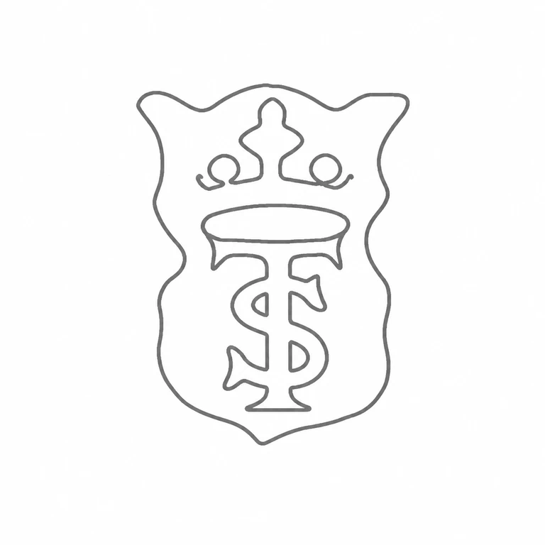 T S in monogram, crowned: The upright crowned monogram, layered horizontal device, and enclosing shield-like punch follow the source's visible vertical arrangement. line reconstruction.