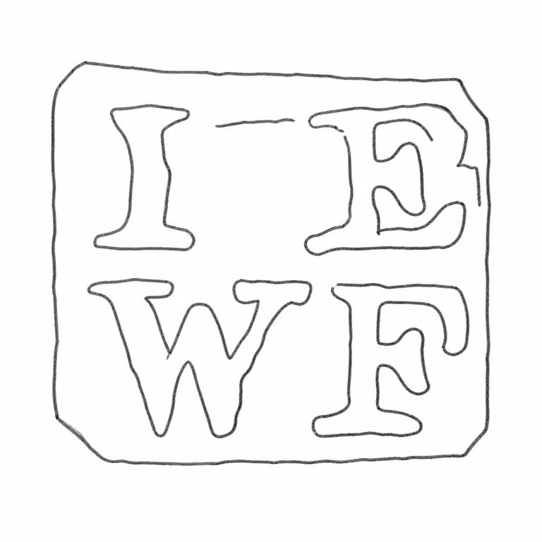 I E over W F: Two-row IE over WF layout and clipped-corner square cartouche are retained upright; line reconstruction.