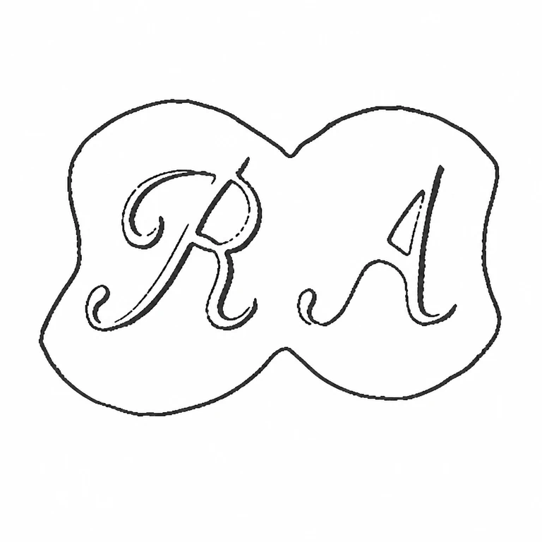 R A: The joined, irregular two-lobed punch and two flowing script initials preserve the visible left-to-right placement and the characteristic long swashes. line reconstruction.