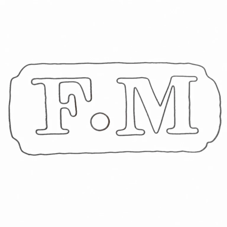 Frank Moss: Cartouche retains F dot M, dot centrally placed between the letters; line reconstruction.