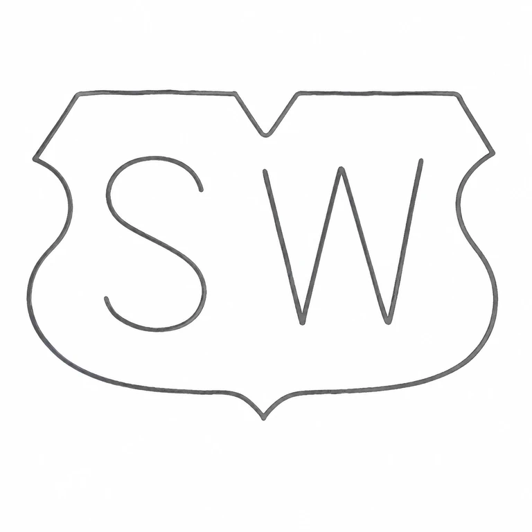 S W: SW remains left to right inside the distinctive scalloped cartouche, including top and bottom central notches; line reconstruction.