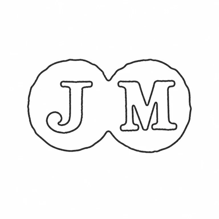 J M: Paired round lobes with two large initials preserve the source's shared center pinch, reading order, and outer contour. line reconstruction.