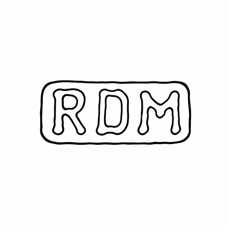 Red Door Market: The three block initials and rounded rectangular plaque preserve the source's order, orientation, and enclosing border. line reconstruction.